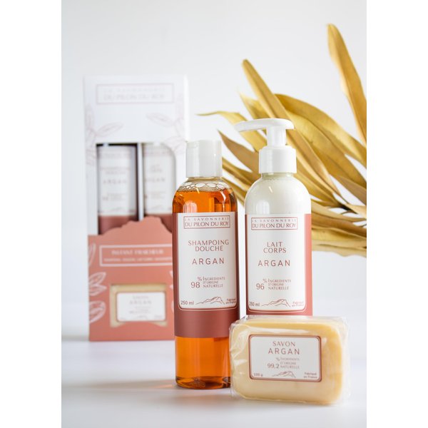 La Savonnerie du Pilon du Roy Argan Oil Coffret Gift-Box Set with Body Shower-Gel Body Milk and Soap Bar with Regenerative Vegetable Oil Hydrating and Nourishing Lotion for All Types of Skin