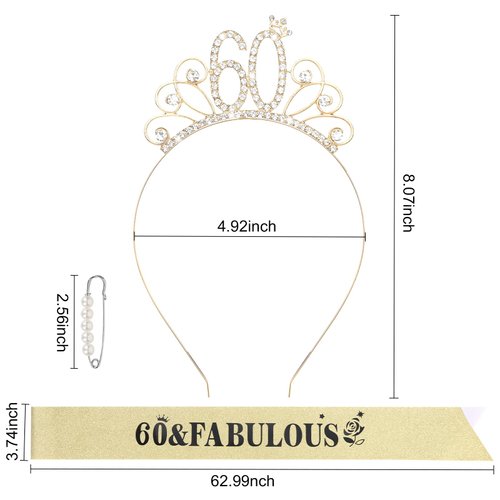 YARIEW 60th Birthday Decorations 60th Birthday Headband + 60 & Fabulous Birthday Sash + Pearl Pin Set, 60th Birthday Sash and Tiara for Women, Happy 60th Birthday Gifts for Women Gold