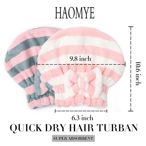 Haomye Microfiber Hair Dry Cap Absorbent Quick Drying Cap Soft Hair Drying Towel Stripe Dry Hair Cap Hair Towel Cap with Bow-Knot Shower Cap for Women and Girls 2Pcs (Pink Blue & Pink White)