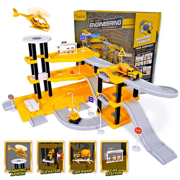 Toysical Construction Playset - Complete Parking Garage Toy Playset with Vehicles, Helicopter, Mini Figures, Road Setup, Floor Map - Construction Toys for Boys and Girls - Boys Toys Age 4-6