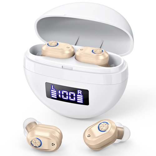 Rechargeable Hearing Aids for Seniors，OTC Invisible Digital Into Ear Hearing Loss for Adults,Sound Amplifiers with Intelligent Noise Reduction, with LED Power Display Charging Box. (Brown)