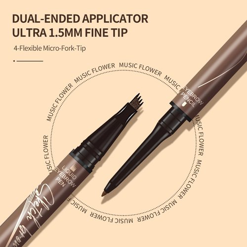 Music Flower eyebrow pencil,Dual-Ended Microfilling Eyebrow Pen, Liquid Eyebrow Pen with 4 Micro Brush-Tip Applicator & Brow Defining Eyebrow Pencil with Precision Tip (Brown)