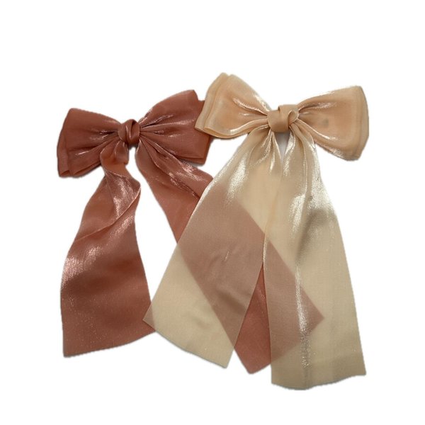 Two Elegant Oversized Satin Bow Hair Barrette (Peach and Beige)
