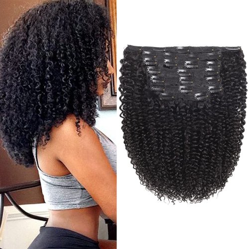 Rolisy Kinky Curly Clip In Hair Extensions Human Hair 16 Inch Curly Hair Extensions Clip In Human Hair for Black Women 3C 4A 4B Afro Kinky Curly Hair Clip Ins Soft Brazilian Remy Hair Thick Ends