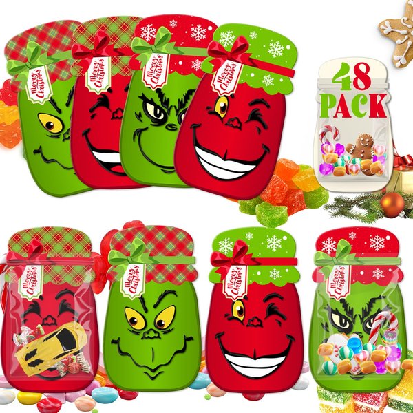 AFZMON Christmas Party Favors for Kids 48 Pack Mason Jar Paper Cards Bulk with 48 Treat Bags for DIY Classroom Exchange Gifts Merry Christmas Greeting Card Xmas Holiday Party Supplies
