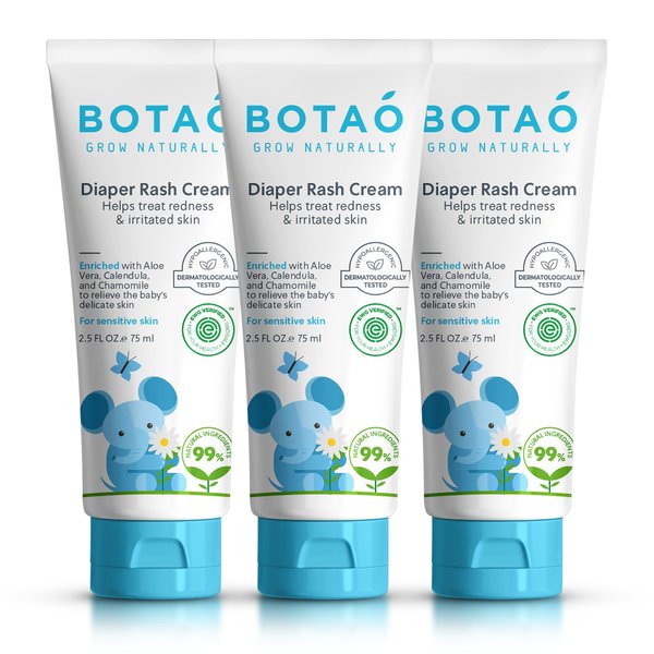 BOTAO Baby's Natural Diaper Cream | Organic Diaper Cream EWG Verified | Naturally Soothes Baby Rashes | Baby zinc Ointment Natural | For Sensitive Skin with Aloe Vera & Calendula, 2.5Oz (3 Pack)