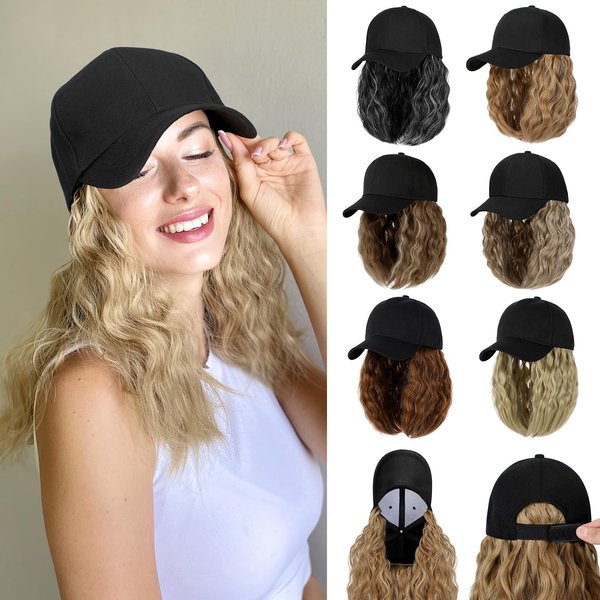 Cephermer Baseball Hat Wig,Hat with Hair attached 16'' Adjustable Black Cap with Wavy Curly Synthetic Bob Hair Extensions for Women Girls(Natural Black)