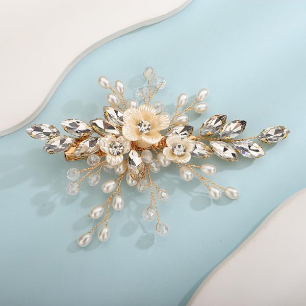 Xerling Gold Rhinestones Crystal Flower Hair Barrettes Clip Boho Bridal Pearl Hair Jewelry Accessories for Women Wedding Floral Headpieces (Gold)