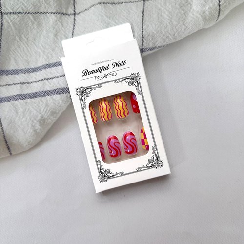 Almond Press on Nails with Designs, Full Cover Round Head Shaped False Nails Geometric Irregularity Fake Nails Glossy Short Almond Glue on Nails Colorful Acrylic Stick on Nails for Women Girls