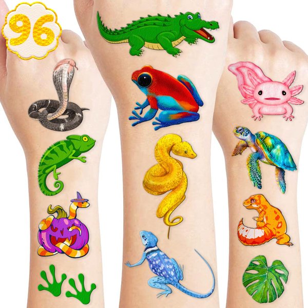 Reptile Temporary Tattoos - Swamp Safari Animal Gecko Snake Turtle Themed Stickers for Kids Birthday Party Supplies, Decorations, Favors, and Prizes - Cute Gifts for Boys and Girls