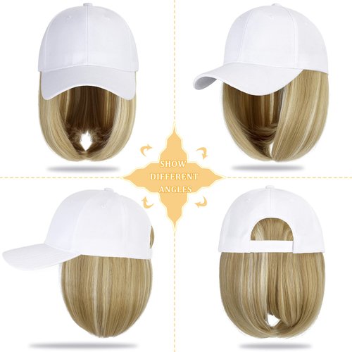 Lansigreen Baseball Cap with Hair Extensions Hat Wig Adjustable Hat Attached Short Straight 14" Synthetic Hairpiece for Women Ash Blonde Mix Bleach Blonde