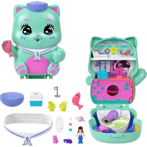 Polly Pocket Dolls and Playset, Set Sail Kitty Compact, Travel Toy with 1 Micro Doll, Pet Cats, Food & Fashion Styling Accessories