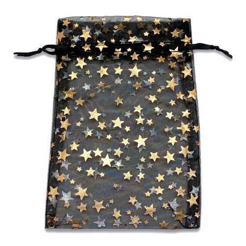 100-Pack 4x6 in Sheer Organza Gift Bags with Drawstring (Medium) - Metallic Stars (Black/Gold) - for Wedding Party Favors, Jewelry, Candy, Treats Mesh Pouch by The Display Guys