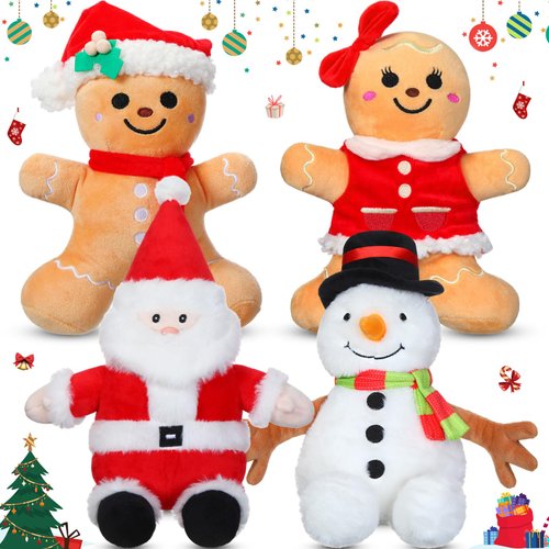Syhood 4 Pieces 9 Inch Christmas Plush Toys Santa Claus Plush Snowman Plush Gingerbread Man Plush Christmas Stuffed Animal Gingerbread Pillow for Boys Girls Xmas Decoration Home Office Car Ornament