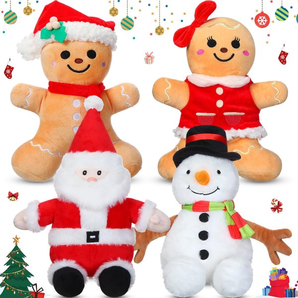 Syhood 4 Pieces 9 Inch Christmas Plush Toys Santa Claus Plush Snowman Plush Gingerbread Man Plush Christmas Stuffed Animal Gingerbread Pillow for Boys Girls Xmas Decoration Home Office Car Ornament