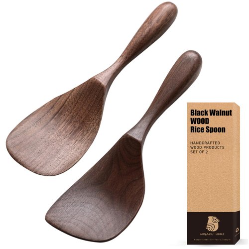 MIGAKU HOME Black Walnut Wooden Cooking Spoons Set - 1 Flat + 1 Angled Rice Scooper, Durable & Eco-Friendly for Cooking & Serving - Perfect for Kitchen Enthusiasts and Gourmet Lovers