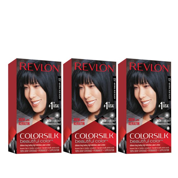 Revlon Permanent Hair Color, Permanent Hair Dye, Colorsilk with 100% Gray Coverage, Ammonia-Free, Keratin and Amino Acids, 12 Natural Blue Black, 4.4 Oz (Pack of 3)