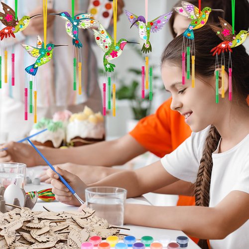 JellyArch 30 Pack Wind Chime Making Kit for Kids, Make Your Own Hummingbird Wind Chime Wooden Ornaments for Girls and Boys DIY Crafts Activity Birthday Summer Decoration