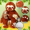 Kasyat 5 Pcs Sloth Plush Toy Set 13 Inch Mommy Sloth Stuffed Animal with 4 Cute Baby Sloth Plushies in Zippered Belly for Kids Birthday Gifts Home Decors Baby Shower Party Favors(Brown)