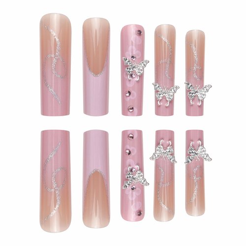 MISUD Press on Nails Extra Long Square Fake Nails Glossy Glue on Nails Pink French Tip Acrylic Nails Squoval Artificial Nails Rhinestone Stick on False Nails with Flower Design 24 pcs