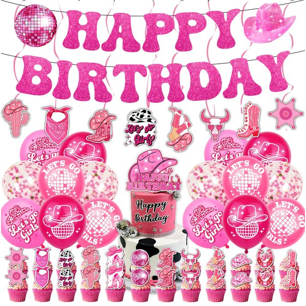 Disco Cowgirl Birthday Party Supplies, Party Supply Set Includes Happy Birthcday Banner, 6 Hanging Swirls, 1 Cake Topper,24 Cupcake Toppers, 18 Balloons for Party Decorations