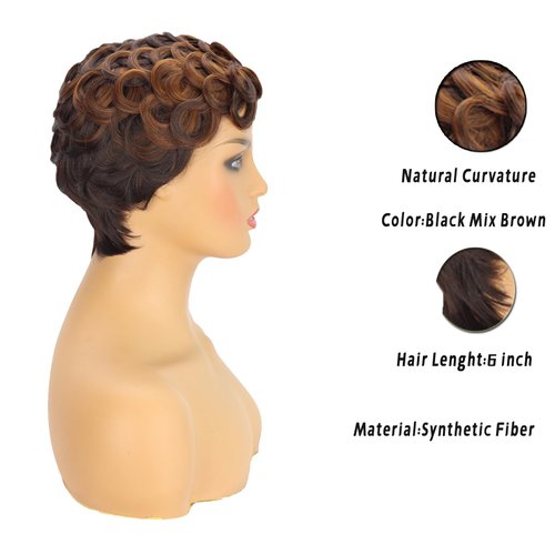MUJGOO ombre pixie cut wigs for black women 6inch short pixie wigs for black women linen short curly wigs with bangs short brown wig Black and Brown Ombre Wig（Black and brown）