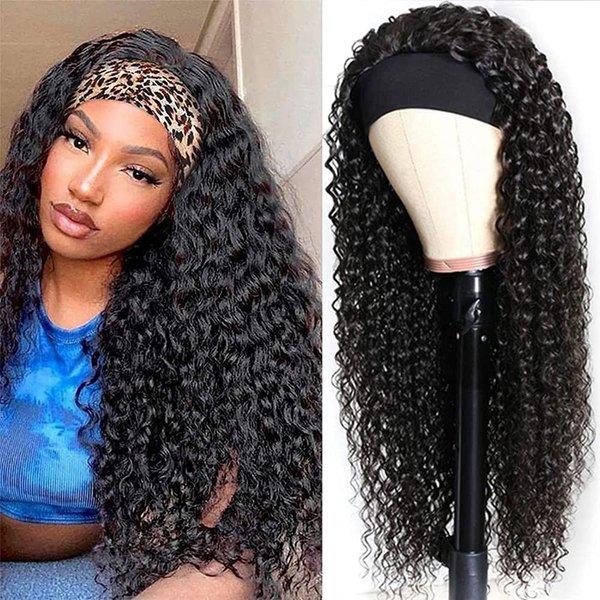 YISEA Headband Wigs Human Hair Curly Wigs with Headband for Black Women 18 Inch Deep Wave Machine Made None Lace Front Wig 150% Density Brazilian Virgin Long Headband Wig