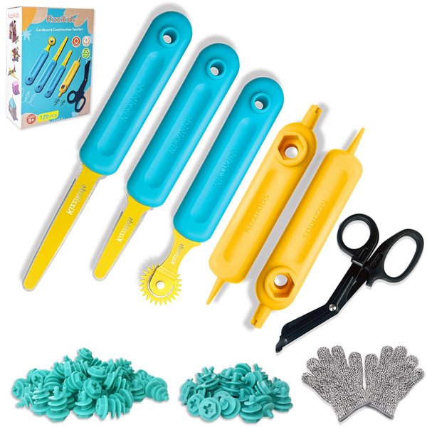 Kizzikids 129 Piece Cardboard Tools for Kids with Tool Box, Montessori Construction Toys for Home Classroom Learning, Reusable Cardboard Cutter, STEM Educational Toys Gift for Boys and Girls Age 5+