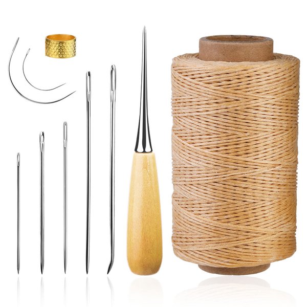 BAGERLA 273 Yards Leather Waxed Thread Sewing Kit Including Natural Sewing Thread Needle Awl Thimble, Leather Sewing Upholstery Repair Kit for Leather Carpet Sofa Seat Shoe Sewing and Repair