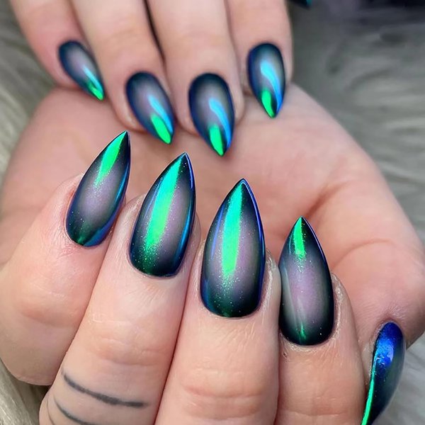 TBRZTR Press on Nails Medium Length Artificial Acrylic Nails Cat Eye Design Full Cover Glossy Reusable False Nails Almond Shaped Fake Nails Glue on Nails for Women Supplies 24Pcs