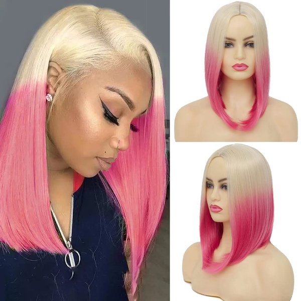 Kaneles Blonde Pink Bob Wigs for Women Short Straight Wig Middle Part Shoulder Length Soft Silky Synthetic Wigs