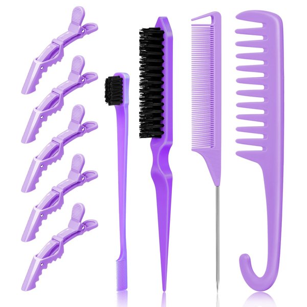 9pcs Slick Back Hair Brush Set, MORGLES Nylon Bristle Hair Brush Teasing Comb Double Sided Hair Edge Brush, Rat Tail Comb Wide Tooth Comb and Alligator Clips for Hair Styling (Purple)