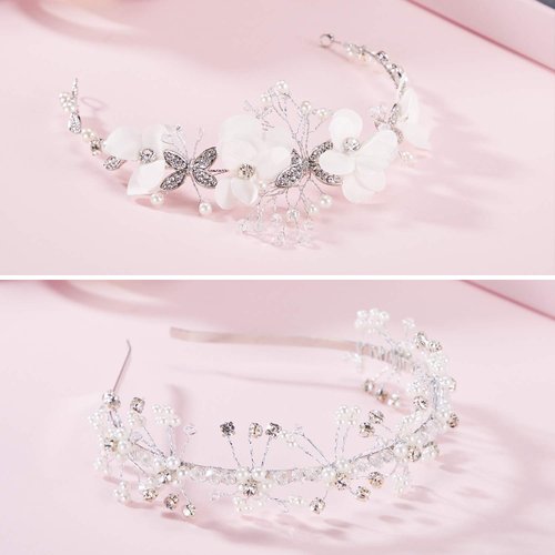 WILLBOND 2 Pieces Wedding Flower Crown Princess Wedding Headpiece Baptism Gift Communion Veil Crystal Tiara for Girls Wedding and Flower Girls