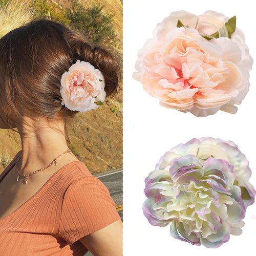 Paderison Hawaiian Flower Hair Clips - 2Pcs Set, Pink & Blue Peony Flower Claw Clips for Women, Chiffon Hair Accessories Plastic Hair Barrettes, Perfect for Brides, Bridesmaids, Teens, Great Gift