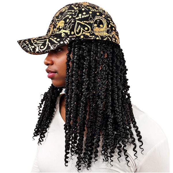 ELVAELFI 12inch Passion Twist Hair Extensions, Gold Graffiti Baseball Cap Wig, Breathable Synthetic Hair for Women
