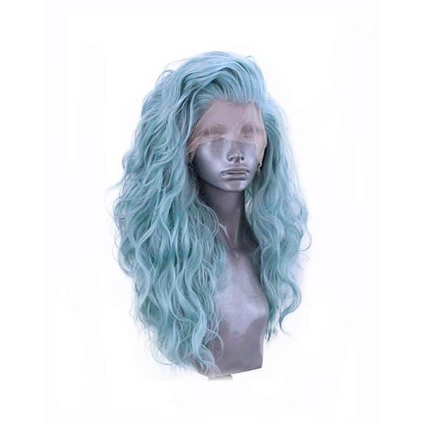 Side Part Pastel Blue Green Wigs Blend Color Synthetic Lace Front Wigs for Women Festival Cosplay Party Drag Queen Replacement Wear Long Water Curly Hair 22 Inches
