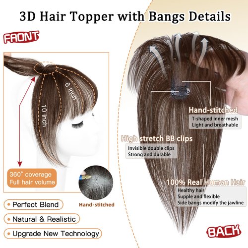 MORICA Bangs Hair Clip, 360° 3D Cover Clip in Bangs 100% Real Human Hair Toppers with Bangs，Hair pieces Clip on Bangs for Women Fake Bangs for Daily Wear (Dark Brown, 5×7 3D Bangs)
