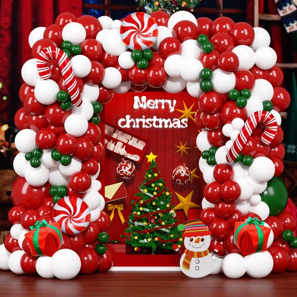 MOMOSHERO Christmas Balloons Arch Garland Kit, 131Pcs Red White Green Balloons Snowman Gift Box Candy Cane Foil Balloon for Birthday Baby Shower Party Decorations Supplies
