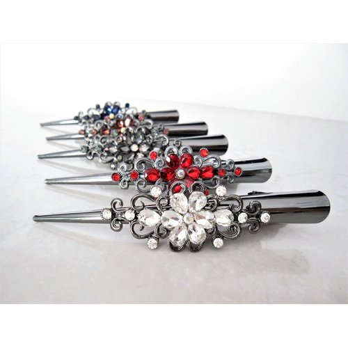 Dark silver alligator hair claw clips with flowers and crystals (Primary color: Gray)