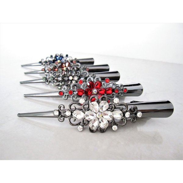 Dark silver alligator hair claw clips with flowers and crystals (Primary color: Gray)