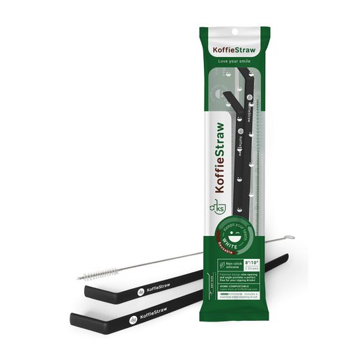 KoffieStraw Reusable Straws | 2-Pack with Stainless Steel Cleaning Brushes | Long Lasting & BPA-Free Standard Size Straws for Coffee, Tea, Milk, Cold & Hot Drink | Black - 8", 10