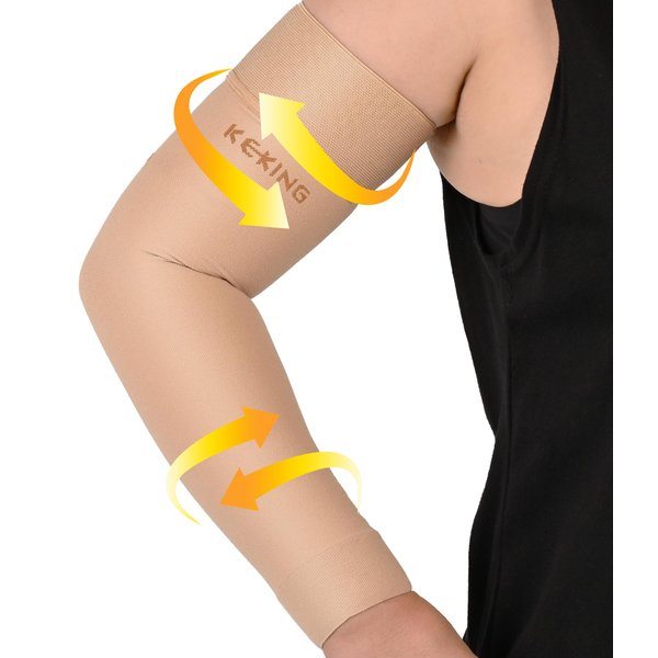 KEKING Lymphedema Compression Arm Sleeves with Silicone Band for Men Women (Pair), 20-30 mmHg Graduated Compression for Lipedema, Edema, Post Surgery Recovery, Swelling, Pain Relief, Beige L