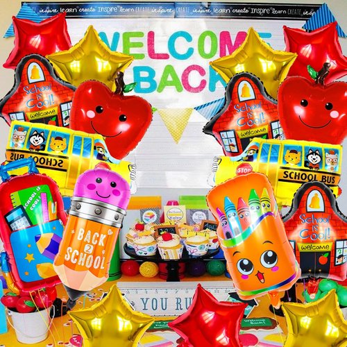 40 Pcs Back to School Foil Balloons, Colorful Apple Pencil Crayon Bus Helium Balloon, School Mylar Balloons for Party Supplies