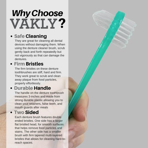 Vakly Denture Brush [Pack of 10] Individually Bagged Denture Brushes with Hard Firm Flat Bristled Heads for Cleaning Dentures, Retainers, False Teeth, Clear Braces, and Mouth Guards