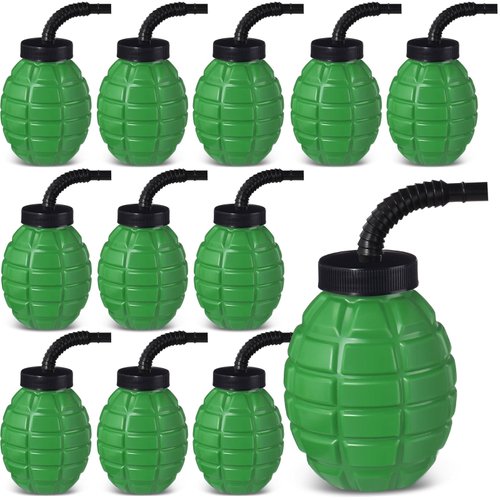 Tanlade Army Birthday Party Camo Party Supplies Grenade Cups with Straws and Lids, 10 oz Plastic Grenade Shape Cup Reusable Cups Bulk for Adults Kids Army Soldier Camouflage Party Favors(12 Pcs)