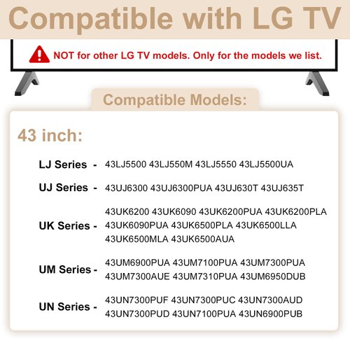 43 Inch TV Stand for LG TV Legs 43LJ5500 43UJ6300 43UJ635T 43UK6200 43UK6090 43UK6500 43UM6900 43UM7100 43UM7300 43UN7300 43UN7100 43UN6900 43UN6950 43UN6951 Replacement Legs for LG TV with Screws