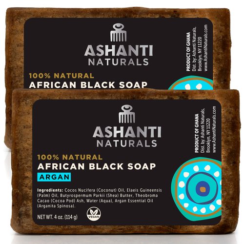 Ashanti Naturals African Black Soap Bar | Scented Natural Black Soap with Raw Shea Butter and Coconut Oil - 2pk 4oz Bars (Argan)