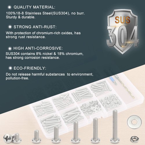 Screw & Bolt Assortment Sets - 340PCS Stainless Steel Nuts and Bolts Assortment Kit, M4 Phillips Pan Head Machine Screws with Case for Cabinet Drawer Cupboard Closet Handles Outlet Box