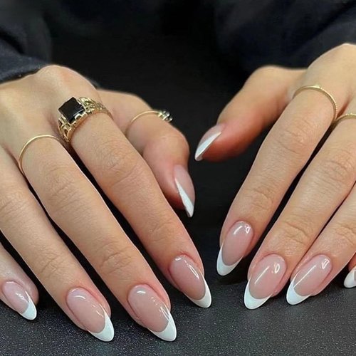White French Tip Press on Nails Short Oval Fake Nails Press on Nails Daily Wear Simple Glue on Nails Light Pink Full Cover False Almond Nails Acrylic Stick on Nails for Women 24 Pcs