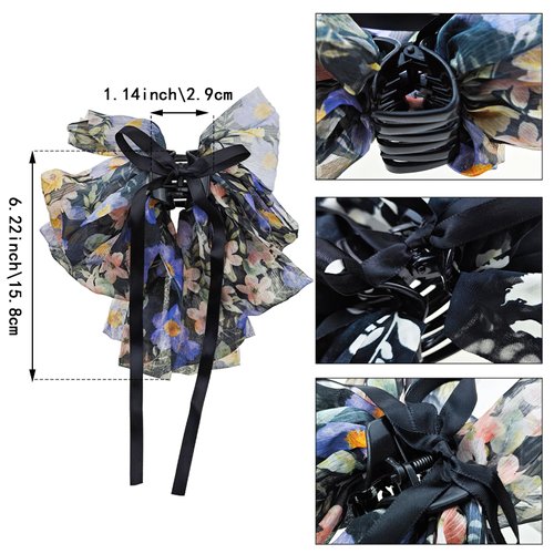 2 PACK Chiffon Floral Bowknot Hair Claw Clips, Big Bowknot Chiffon Spring Hairpins, Floral Ponytail Clip, French Style Hair Accessories for Women and Girls Party Wedding Daily Wear